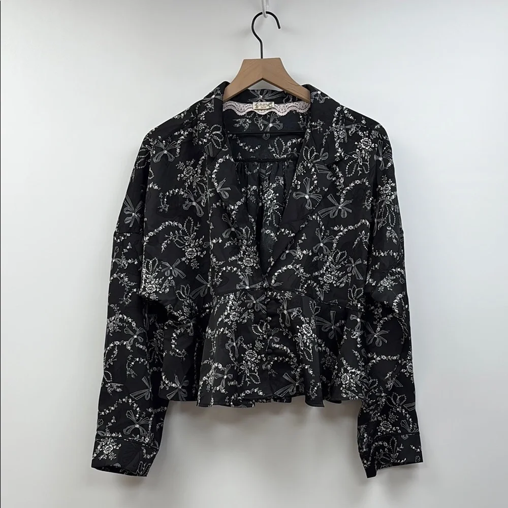 Intimately Free People Floral Bow Print V-Neck Button Down Boxy Shirt Black XL